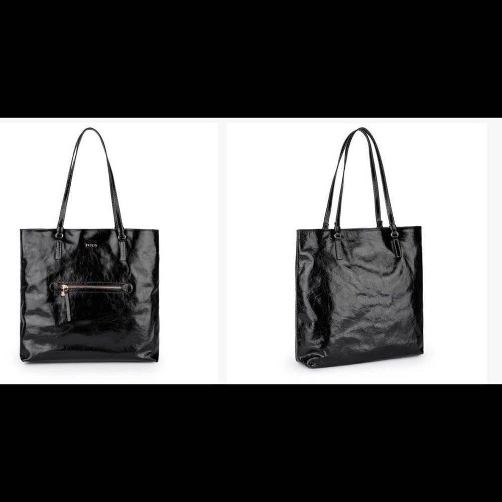 TOUS Black Leather Tulia Crack Large Shopping Bag Tote Bag